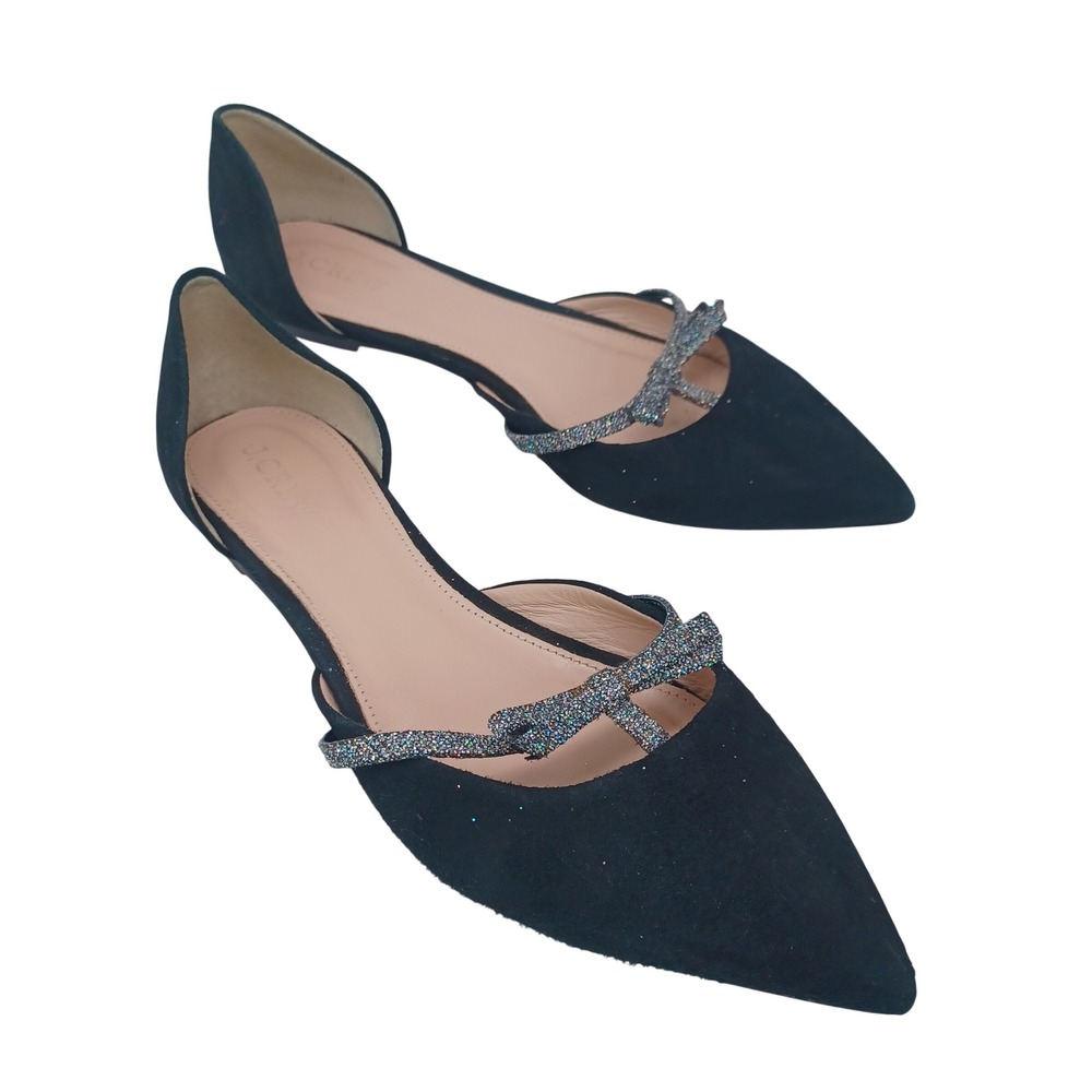 J.Crew‎ Black Suede d'Orsay Flats Glitter Bow Pointed Toe Shoes Womens US 8.5
